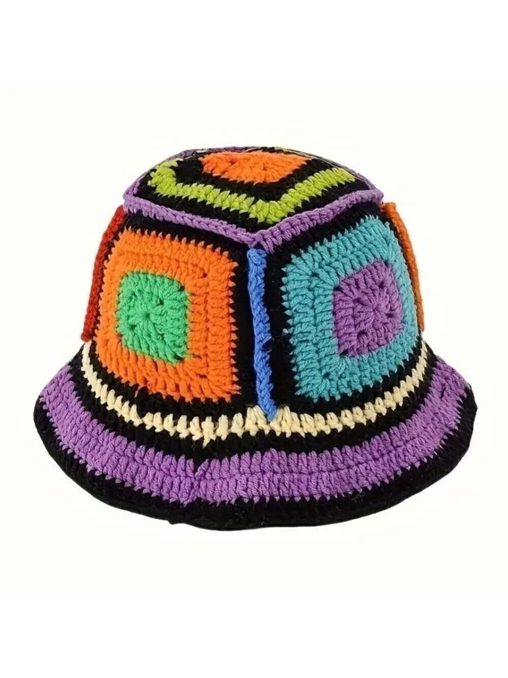 Crochet Hat Colorful Handmade Plaid Sun Hat